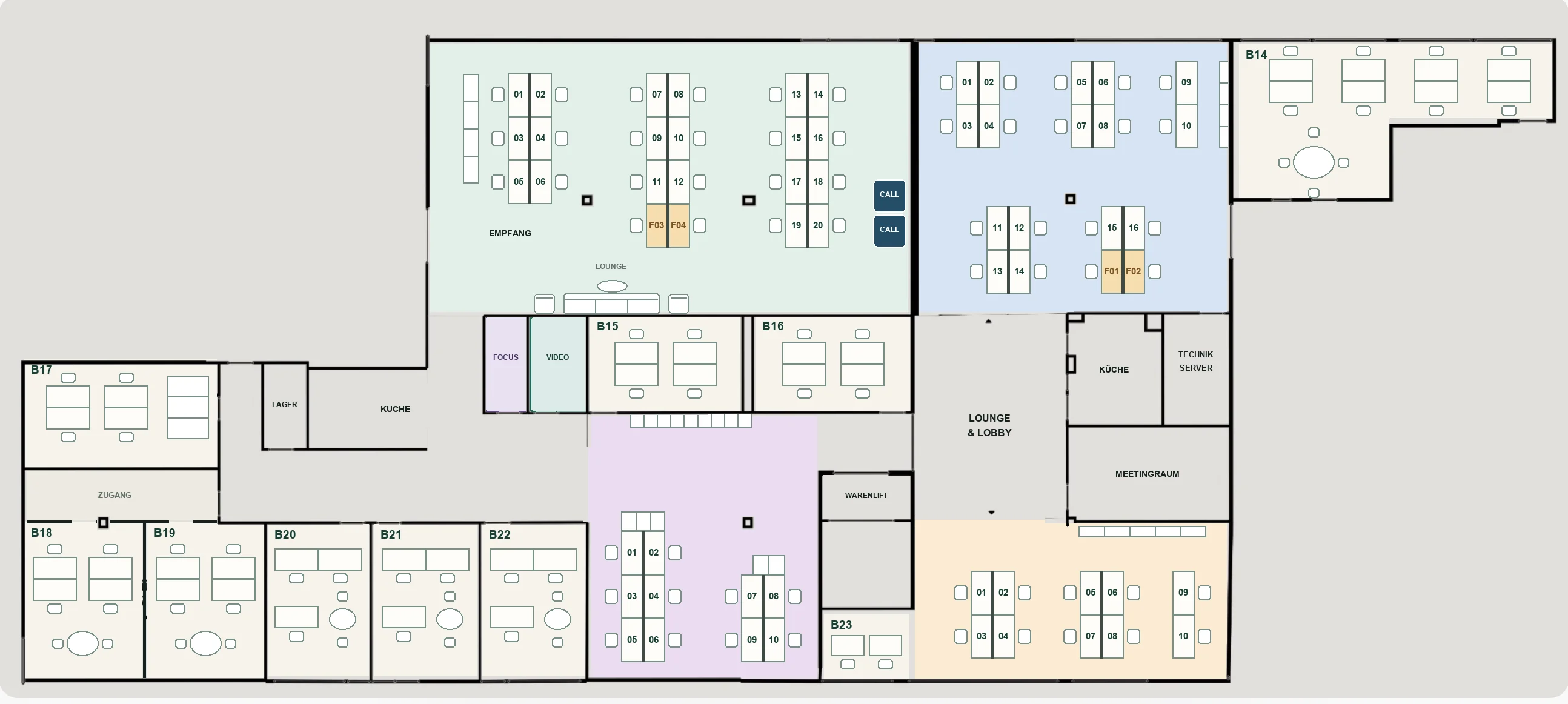 Grundriss 2. OG: vier Arbeitswelten mit 56 Fix Desks und 4 Flex Desks, zehn Privatbüros B14 bis B23, Empfang beim westlichen Eingang, Lounge, Meetingraum und Küchen